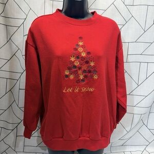 Basic Editions Sweatshirt Womens Large Red Christmas Embroidered Fleece Vintage